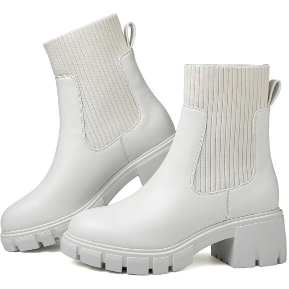 Women's White Chelsea Platform Ankle Boots Fashion Chunky Heel - Picture 1 of 7